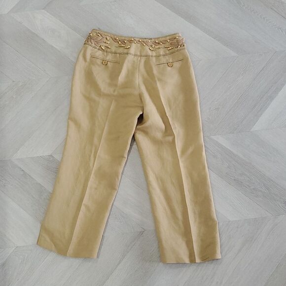 Larry Levine Womans Hand Beaded,Embroidered Tan Linen Blend Capri, SIZE 4 - Picture 7 of 9
